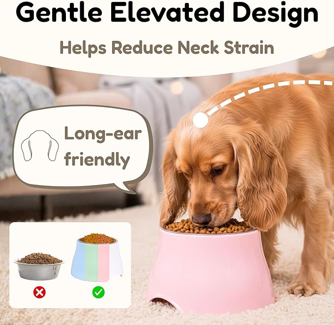 Elevated Spaniel Dog Bowl, Melamine Raised Dog Food Bowl for Long-Eared Dogs, Raised Dog Bowls for Small & Medium Dogs, Stainless Steel Inner Bowl, Non-Slip Base (White, M (420 ML / 1.5 Cups))