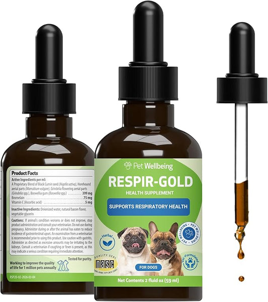 Pet Wellbeing Respir-Gold for Dogs - Lower Respiratory Support, Holistic Lung Health & Deep Breathing with Black Cumin & Horehound - NASC Certified & Vet Formulated - 2 oz Liquid Formula