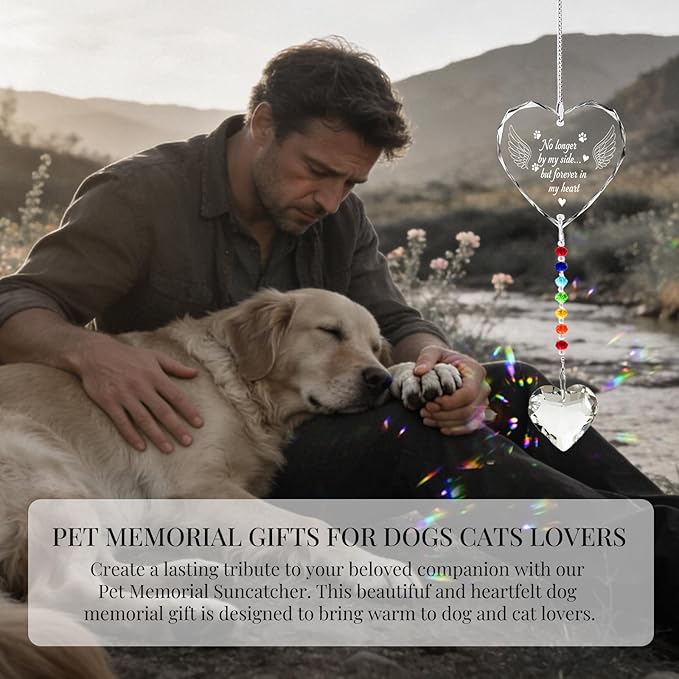Pet Memorial Gifts for Dogs Cats - No Longer by My Side Crystal Suncatcher with Angel Wings, Pet Loss, Pet Sympathy, Sympathy Gifts for Loss of Pet, Thoughtful Dogs and Cats Remembrance, Bereavemen