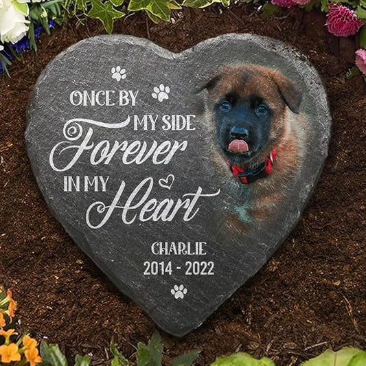 Wrappiness Pet Memorial Stone - Forever in My Heart, Personalized Dog Memorial Gifts, Remembrance Condolences Bereavement Gifts for Loss of Pet Custom Photo (Heart 01, Stone)