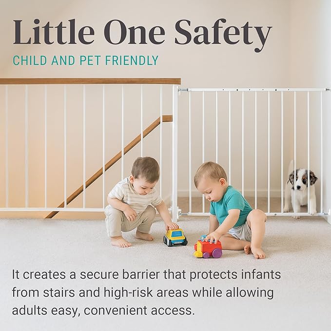 KidCo 24.75-42.5" Safeway Walk Through Baby Gate for Stairs and Doorways | No-Trip Top of Stairs Baby Gate No Bottom Bar | Quick-Release Mounted Hardware for Security and Easy Removal (White)