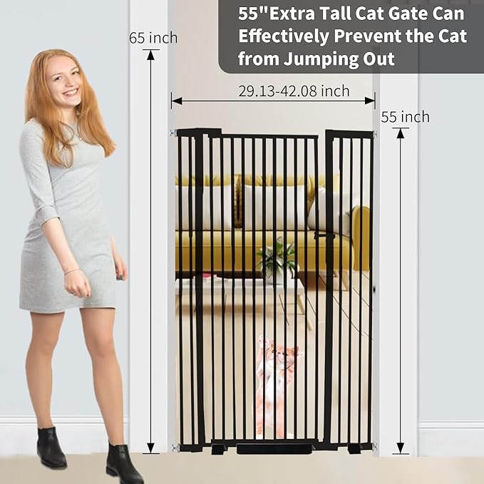 55.1 inch Extra Tall Pet Gate, Extra Wide 29.92"- 43" Adjustable Dog Gates, Pressure Mounted Walk Through Swing Safety Tall Cat Gate for Doorways, Stairs, Kitchen(Black)