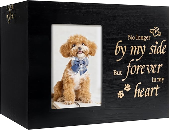 Pet Urns for Dogs or Cats Ashes with Photo Frame, Wooden Memory Box for Keepsakes with Black Flannel as Lining, Pet Memorial Gifts for Dogs (Black Medium)