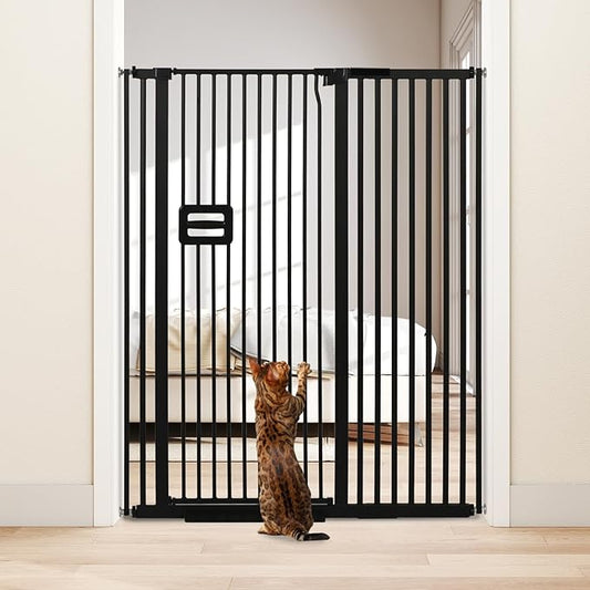 SMONTER 55" High Extra Tall Baby Gate, Safety Cat Gate for Doorways, Expands to 42.9"-46.9" Wide, Auto Close Dog Gate, No Drilling Pressure Mounted Cat Fence, Pet Gate Indoor for Stairs, Black