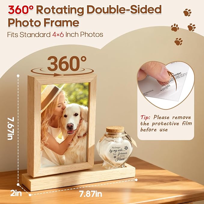 Dog Memorial Gifts for Loss of Dog – Rotating Wooden 4x6 Picture Frame with Fur Keepsake Jar & Writable Name Card, Pet Remembrance Sympathy Gift for Dog & Cat Lovers (Natural Wood)