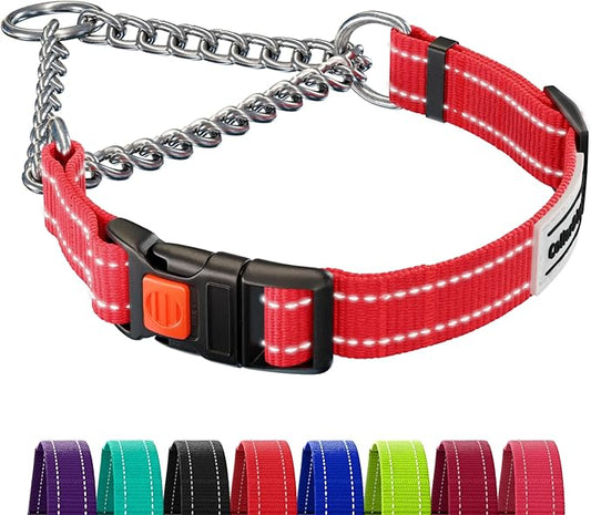 CollarDirect Martingale Dog Collar with Stainless Steel Chain and Quick Release Buckle - Reflective Collar for Large, Medium, Small Dogs - Red, Large (Neck Size 17"-22")