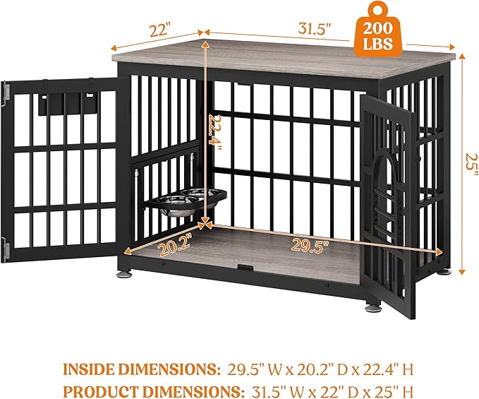 Lulive Dog Crate Furniture 31.5" Wooden Dog Kennel Table with Bowls Heavy Duty Dog Crates for Small/Medium/Large Dogs, Dog Kennel Furniture Indoor as TV Stand End Table,Grey