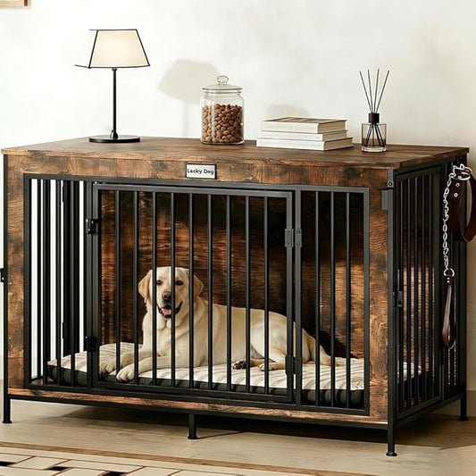 XL Dog Crate Furniture 48'' | Extra Large Heavy Duty Anti-Chew Dog Kennel | Rustic Wooden Entertainment Center & TV Stand with 350LB Top Capacity | Escape Proof Double Door Pet House