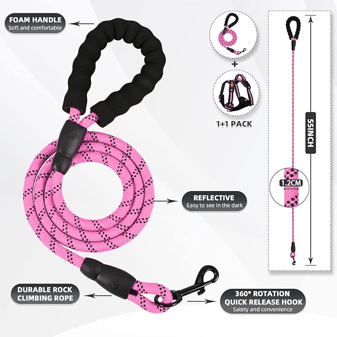 No Pull Dog Harness with A Free Heavy Duty 5ft Dog Leash, Adjustable Soft Padded Dog Vest, Reflective No-Choke Pet Oxford Vest with Easy Control Handle and Dog Leash for Dogs(Pink, Small)