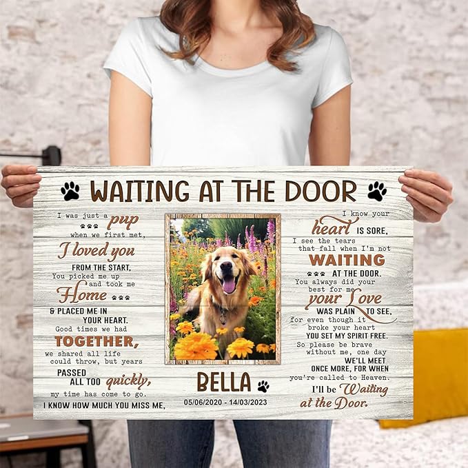 P80715 Personalized Memorial Canvas Gift - Waiting At The Door Poster, Dog Frames With Pictures, Bereavement Sympathy Gift for Dog Lover Mom Dad