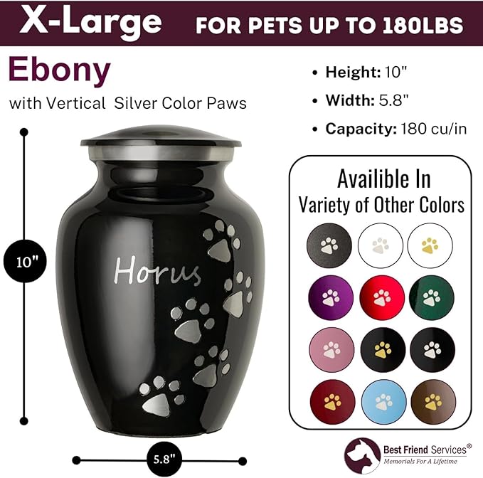 Ottillie Paws Premier Series Pet Urn for Dogs with Personalized Laser Engraving (X-Large - Pets up to 170 lbs, Ebony with Vertical Pewter Paws)