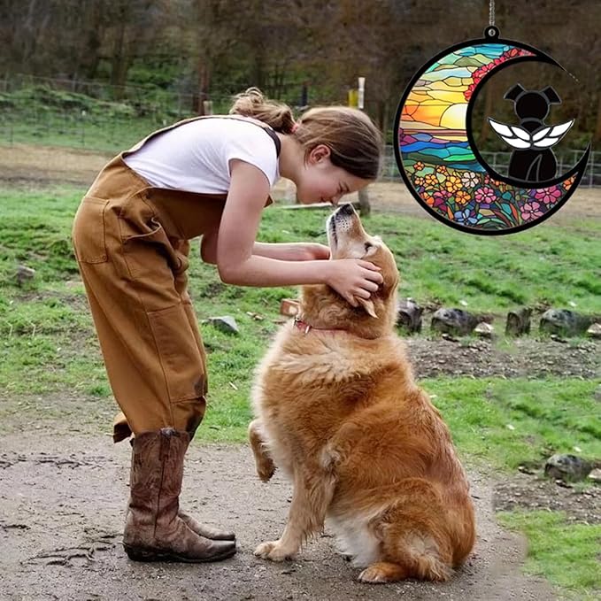 Angel Dog Memorial Suncatcher - Black Angel on Moon, Acrylic Pet Sympathy Gift for Dog Lovers