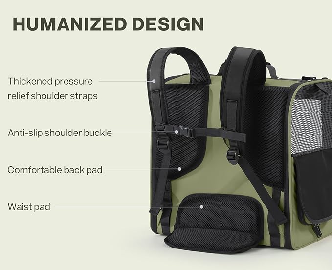 Pecute Spacious Cat Carrier Backpack, Lightweight Ventilated Pet Backpack for Anxious Cats & Small Dogs (Miniature Dachshund), for Hiking Camping Travel Vet Visits, Dark Green