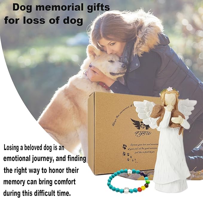 Pet Sympathy Gift for Loss of Dog,Angel Holding Dog Memorial Figurine with Rainbow Bridge Bracelet, Hand-Painted Remembrance Keepsake, Thoughtful Bereavement Gift