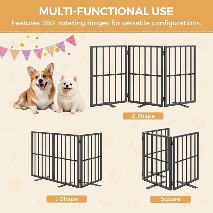 Dog Gate Indoor, Freestanding Foldable Pet Gate for The House, Doorway, Stairs, 48.2" W x 23.6" H Metal Step Over Fence with Support Feet, 3-Panel Pet Puppy Safety Fence, Black DGBK6001