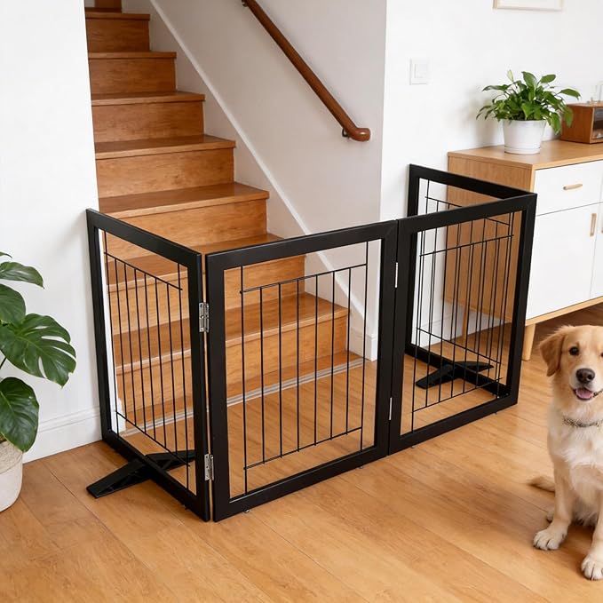 ZJSF Freestanding Dog Gate Indoor, Foldable Dog Fence for Doorways,Hallways or Stairs, Sturdy Wood Extra Wide Pet Gate with Support Feet,Black,24 "Height-4 Panels