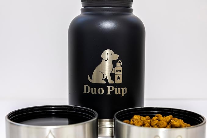 DuoPup 32oz Insulated Stainless Steel Pet Water & Food Bottle – Portable Leak-Resistant Dispenser with Two Detachable Bowls & Carrying Strap – Travel, Hiking & Outdoor Pet Hydration – LightGreen