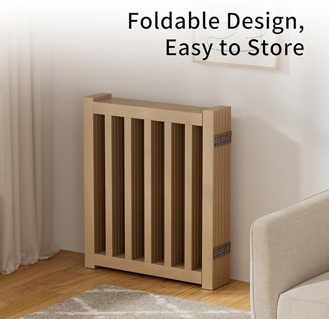 6-Panel Solid Wood Dog Gate - Freestanding Folding Pet Gate for Doorways, Stairs, Indoor, 24" Height, No Installation Needed, Natural Wood