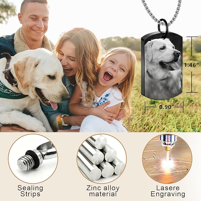 QYH Personalized Pet Urn Cremation Necklace for Ashes – Custom Keepsake Necklace with Photo and Text, Memorial for Dog Loss (Black)