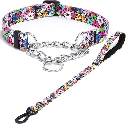 Martingale Dog Collar with Stainless Steel Chain - Limited Chain Cinch Training Collar for No Pull Training Dog - Flower Multicolor Cute Patterns - Premium No Slip Collar (M, Fireworks Set)