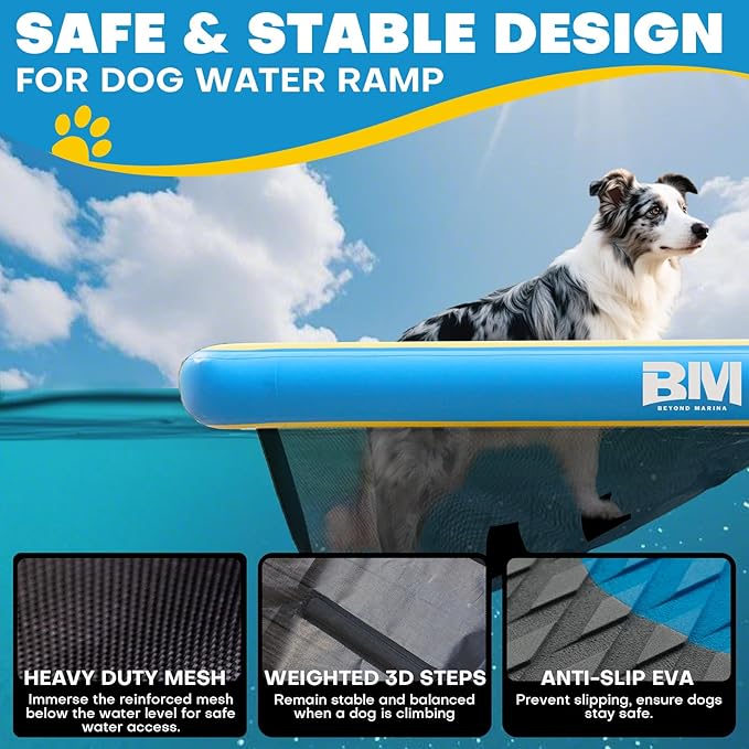 Beyond Marina Dog Pool Ramp - Inflatable Dog Water & Boat Ramp for Lake, Floating Pontoon Dock Ladder with Non-Slip EVA, PUP ON Standard, Extra Large 59" x 47" x 6", Blue/Yellow, Supports 230 lbs