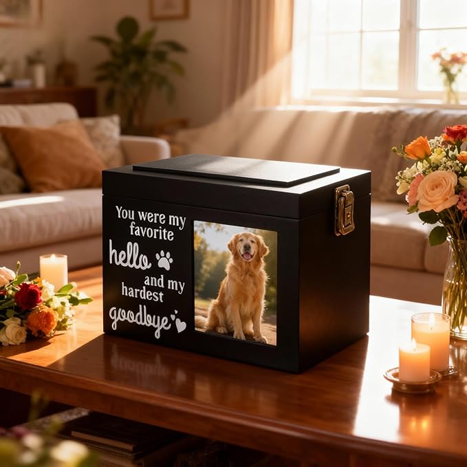 Memorial Pet Urn for Dog Ashes, Wooden Pet Keepsake Box with Photo Frame, Flannel Bag & Keychain, Sympathy Gift for Pet Loss (Medium 7.9x5.9x5.5in)