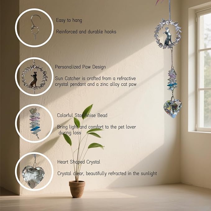 Pet Memorial Suncatcher for Loss of Dog/Cat - Rainbow Prism Sympathy Gift, Crystal Rainbow Maker with Engraved Paw Print, Sympathy Gift for Loss of Pet, Garden & Window Hanging Keepsake
