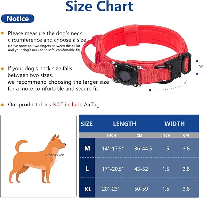 Tactical AirTag Dog Collar Waterproof with QR ID Tag, Military Training Dog Collar with Built-in AirTag Holder, Strong Metal Buckle & Control Handle, GPS Tracking Collar for Medium Dogs (Red, M)