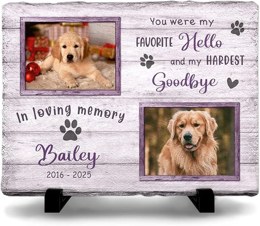 Dog Memorial Stone - Personalized Background Variable Stones for Loss of Dogs - Favorite Hello & Hardest Goodbye - Sympathy Gift, Bereavement Garden Décor for Pet Lovers