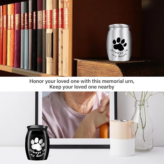 Small Keepsake Urns for Pet Ashes, 1.58 Inch Mini Cremation Urns for Ash with Paw Pattern,Stainless Steel Decorative Memorial Mini Funeral Urn for Ashes (Silver+Black, 1.58inch, Paw-2 Pack)