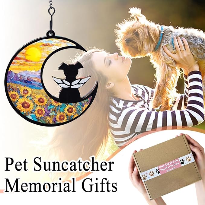 Dog Angel Memorial Suncatcher with Rainbow Bridge Poem Card, Pet Sympathy Gifts for Loss of Dogs and Cats, Sunflower