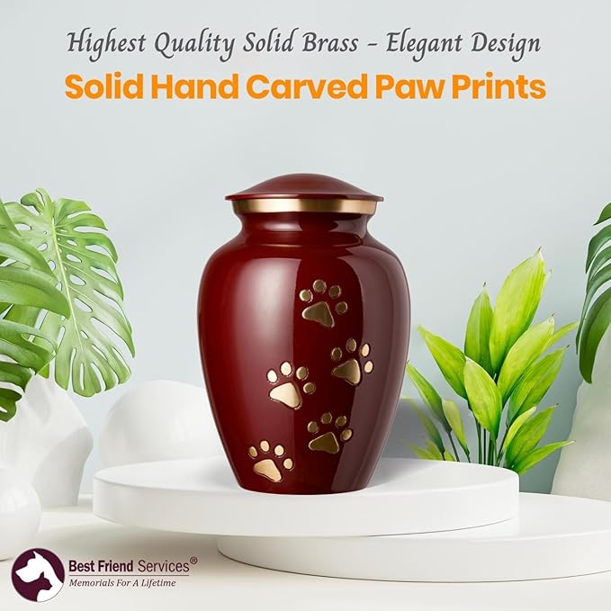 Ottillie Paws Legacy Series Pet Urn for Dogs, Handmade Brass Memorial Cremation Urn (X-Large - Pets up to 170 lbs, Crimson, Brass Vertical Paws)