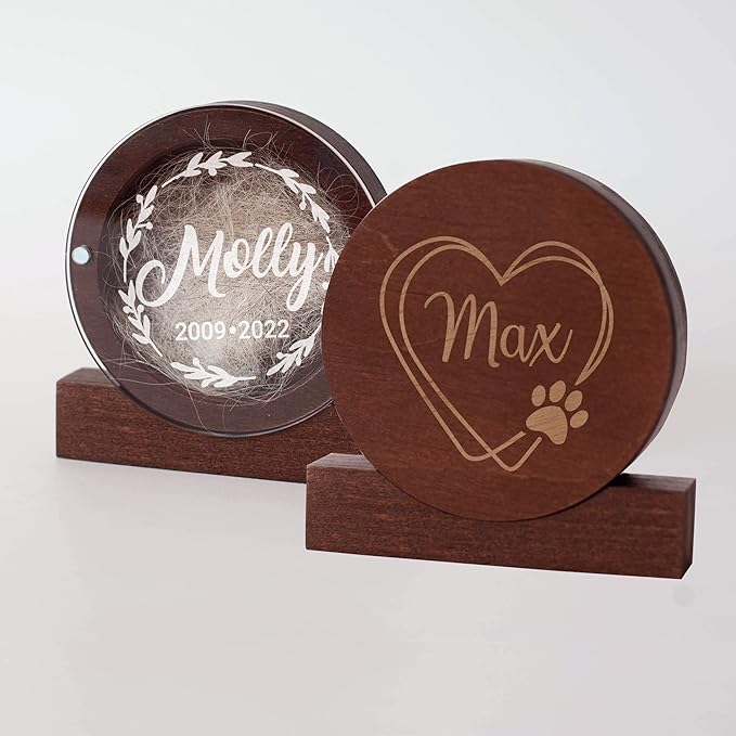 Personalized Pet Hair Keepsake Box for Dog and Cat Fur - Engraved Wood Memorial Box - Unique Customized Gift for Loss of Furry Friend Wooden (Dark Round Wood/Acrylic Lid)