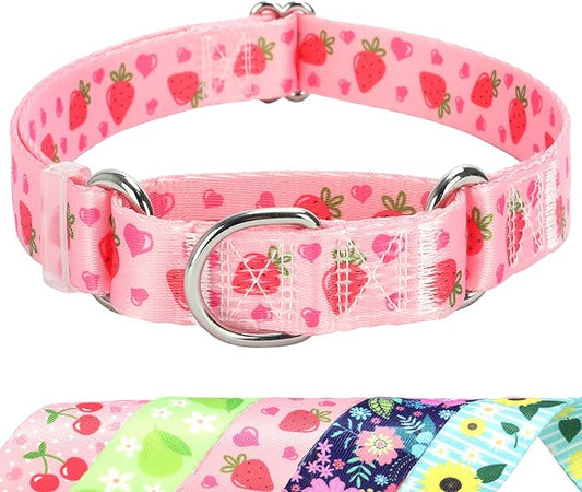 Martingale Dog Collar for Small Pet Dogs- Pink Strawberry No-Slip Escape Proof Choke No Pull Fruit Dog Collar for Male and Female Dogs Training & Walking S