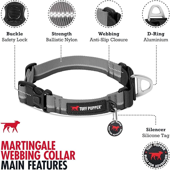Tuff Pupper Martingale Collar for Dogs | Gentle Nylon Limited Cinch is Perfect for Training | Durable Locking Buckle | Reflective for Safer Night Walking | Sizing for All Breeds (Black, X-Large)