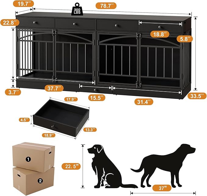 IDEALHOUSE 78.7" Double Dog Crate Furniture with Storage and 4 Doors, Dog Kennel Indoor with Feeding Bowls, Wood Dog Crate TV Stand for Small Medium Dogs, Black