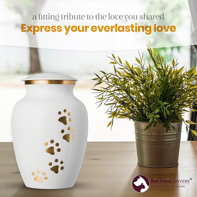 Ottillie Paws Legacy Series Pet Urn for Dogs, Handmade Brass Memorial Cremation Urn (X-Large - Pets up to 170 lbs, Cloud White Vertical Brass Paws)