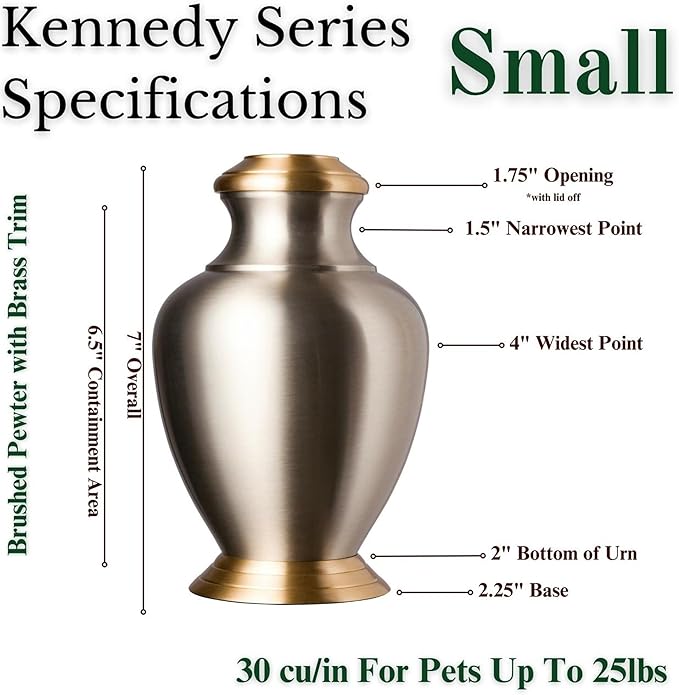 Kennedy Legacy Brushed Pewter Pet Urn, Brushed Brass Lid & Base - Small for Pets up to 30lbs