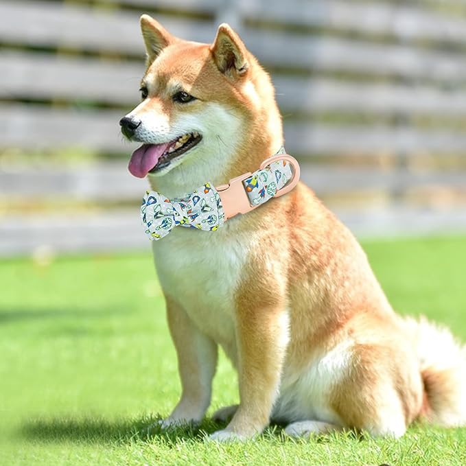 Dog Collar and Leash Set Adjustable Girls Puppy Floral Collars with Bow Tie for Small Medium Large Dogs(XS, Rocket)