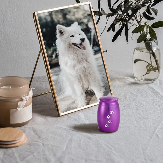 Small Cremation Urns for Dog or Cats Ashes,2.67 Inches Mini Puple Keepsake Urns for Pet Ashes with Paw Print