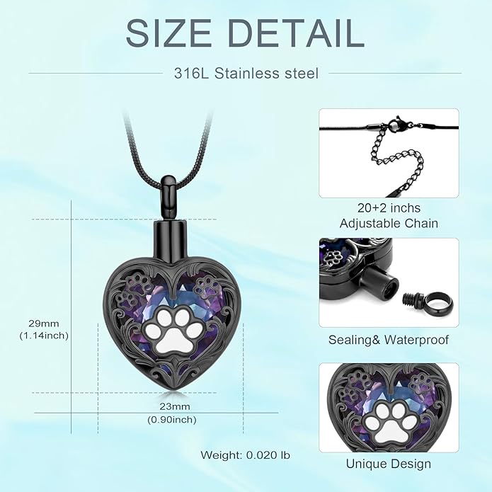 Heart Urn Necklace For Ashes Birthstone Pet Memorial Jewelry Dog Paw Print Cremation Pendant Stainless Steel Keepsake Gift For Pet Lovers
