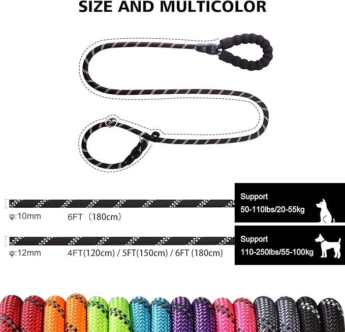 Slip Leads Dog Leash - 4/5/6/8/10 FT Heavy Duty Training Leashes - Reflective & Comfortable Handle for Small Medium Large Dogs (1/2''- 5FT, Black)