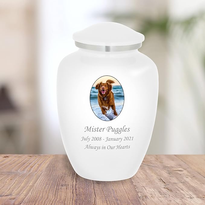 Homage Large Custom Photo Pet Cremation Urn for Pet Ashes - Vase Style Pet Urn - 200 Cubic Inch Capacity -Personalization Included (White)