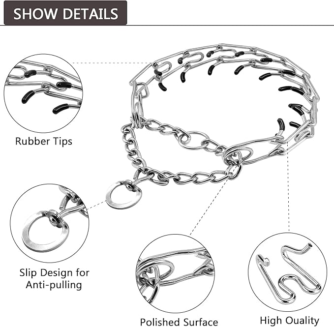Dog Prong Collar, Adjustable Choke Collar for Dogs, High-Strength Metal Collar with Comfort Rubber Tips, for Small to Large Dogs, Gold