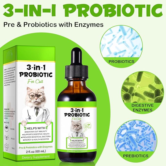 Probiotics for Cats Liquid, Cat Probiotic, 3 in 1 Cat Probiotics Supplement with Prebiotic & Digestive Enzymes | Support Gut Health, Diarrhea and Constipation Relief, Suitable for All Cats, 60 ml