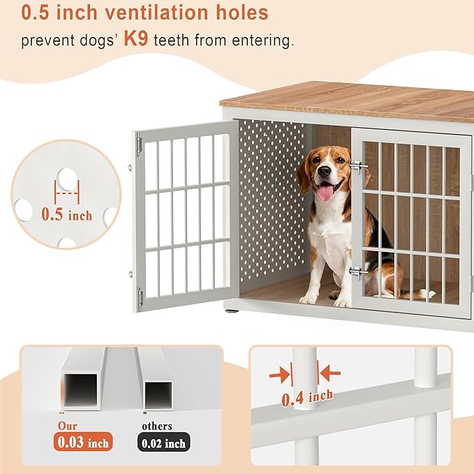 38" Heavy Duty Dog Crate Furniture for Large and Medium Dogs,Wooden Metal Kennel for High Anxiety Dogs, Chew Proof Pet Cage Indoor, Decorative Dog Kennel End Table, White