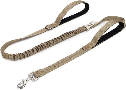 5FT Double Handle Tactical Dog Leash with Shock Absorption, Reflective Heavy Duty Bungee Dog Leash for Medium Large Dogs No Pull Walking Training, Coyote Brown
