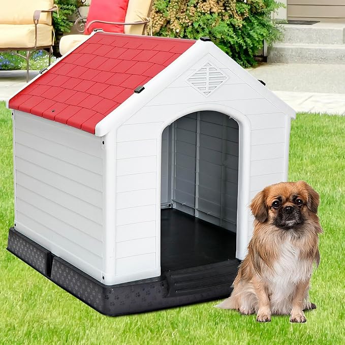Large Plastic Dog House Indoor Outdoor Doghouse Dog Kennel Easy to Assemble Puppy Shelter with Air Vents Elevated Floor Waterproof Red
