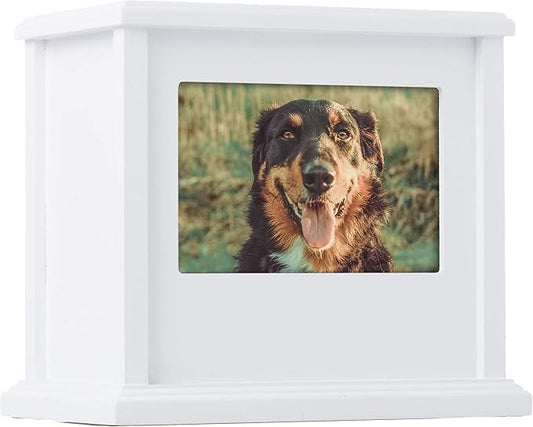 Pearhead Pet Wooden Photo Memory Keepsake Box & Urn, Memorial For Dog & Cat Ashes and Mementos, 4 × 6 Picture Insert, Medium, White