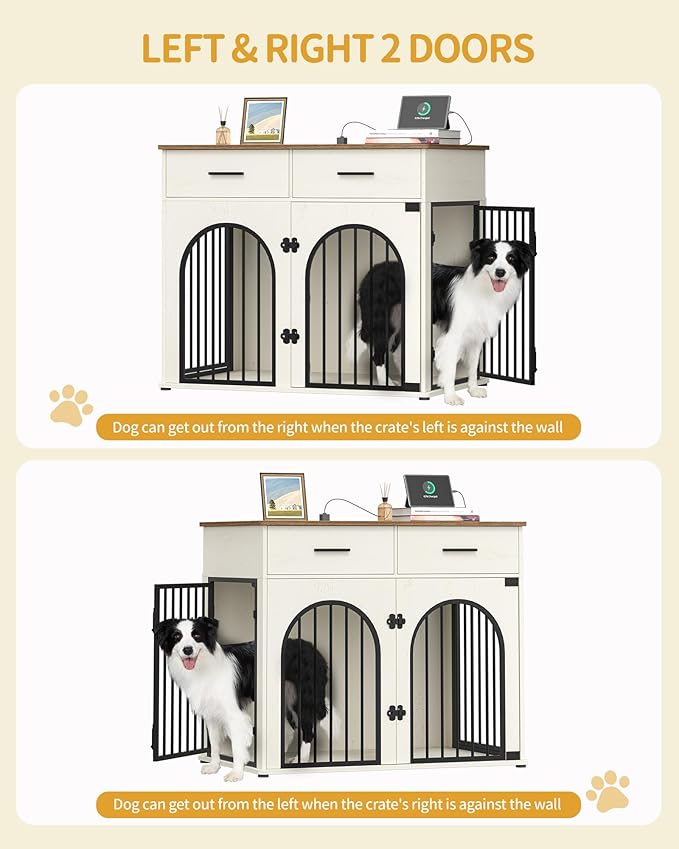 43.3'' Large Dog Crate Furniture with 2 Storage Drawers, Heavy Duty Dog Kennel Indoor with Charging Station, Wooden Dog Cage End Table Kennel for Medium/Large Dogs, White Brown DFC88214B